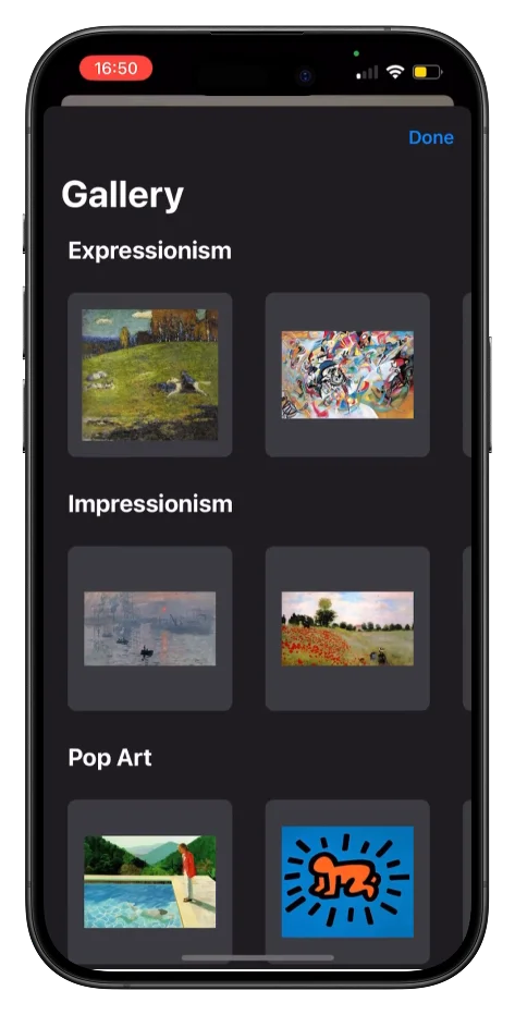 ARGallery gallery screen listing artworks by style: Expressionism, Impressionism and Pop Art