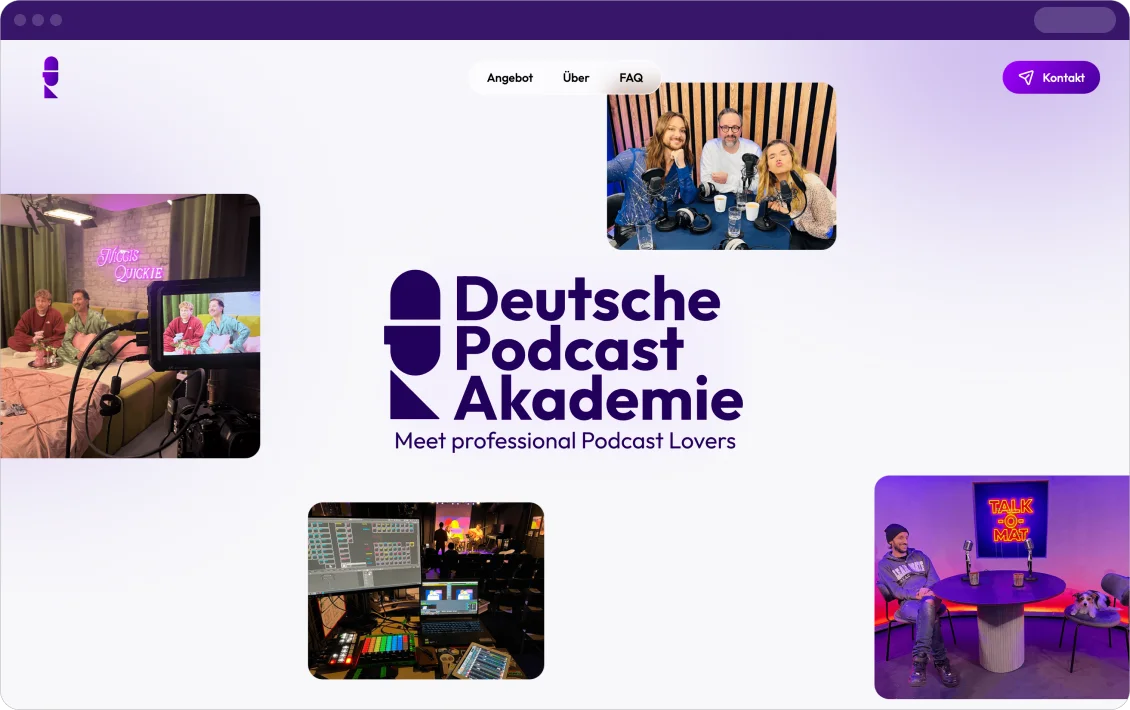 Deutsche Podcast Akademie landing page with the logo and photos from the podcast studios