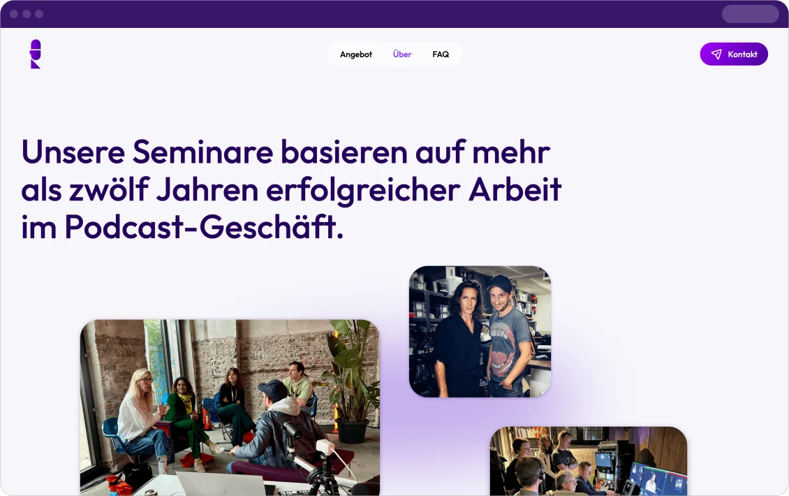 Deutsche Podcast Akademie website section about twelve years of podcast experience, with seminar photos