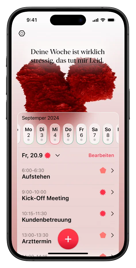 JournAI calendar screen for a stressful week with a red stress visualization