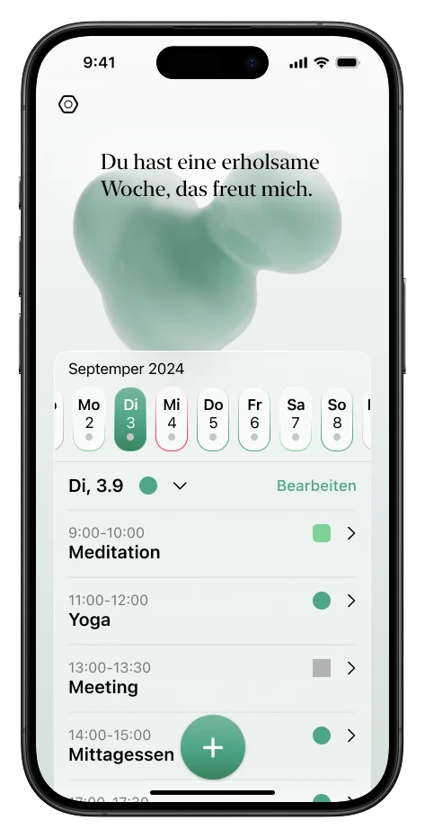 JournAI calendar screen for a relaxed week with a calm green visualization