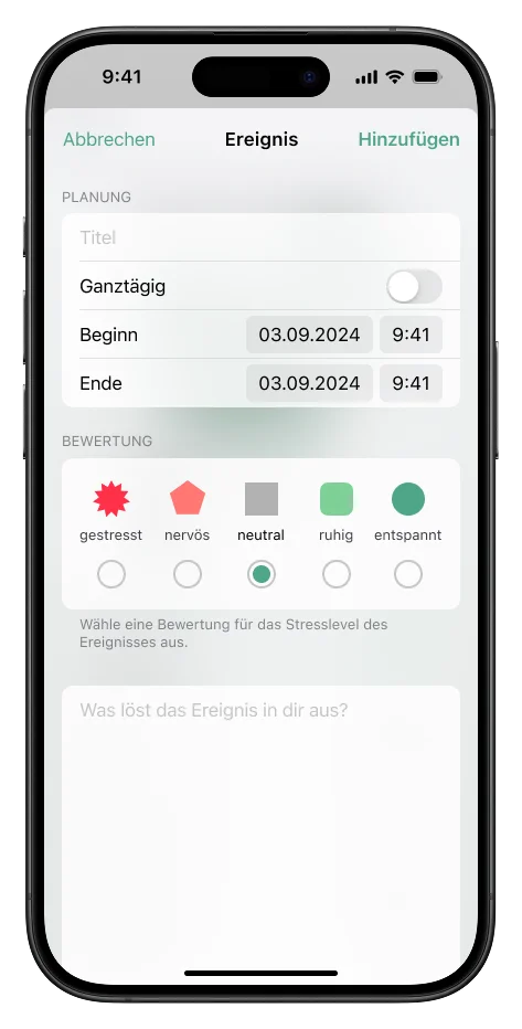 JournAI screen for adding an event and rating how it felt