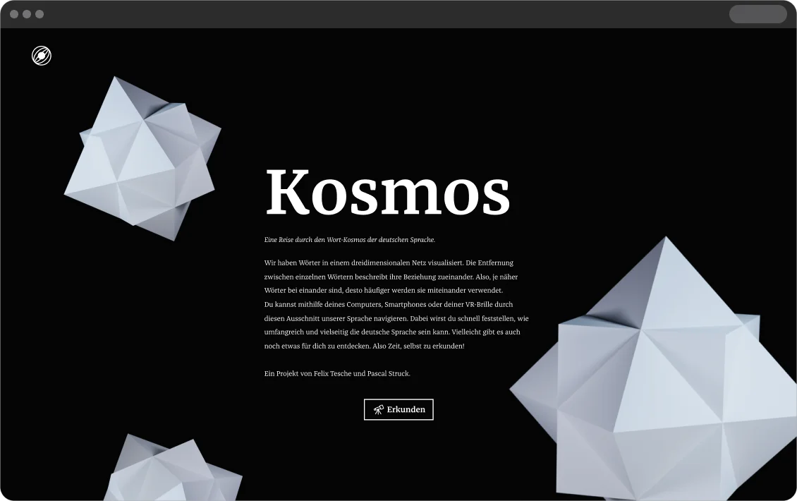 Kosmos start page in the browser with the title and 3D star shapes