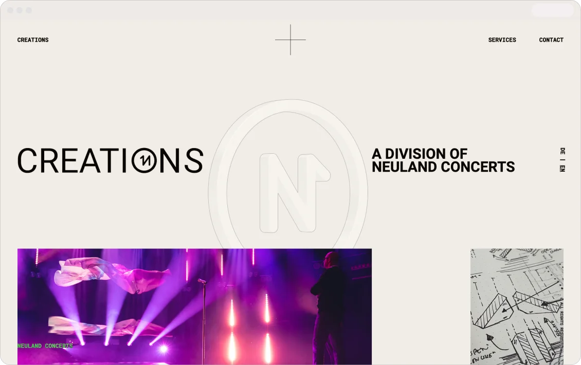 Neuland Creations home page with a concert stage photo