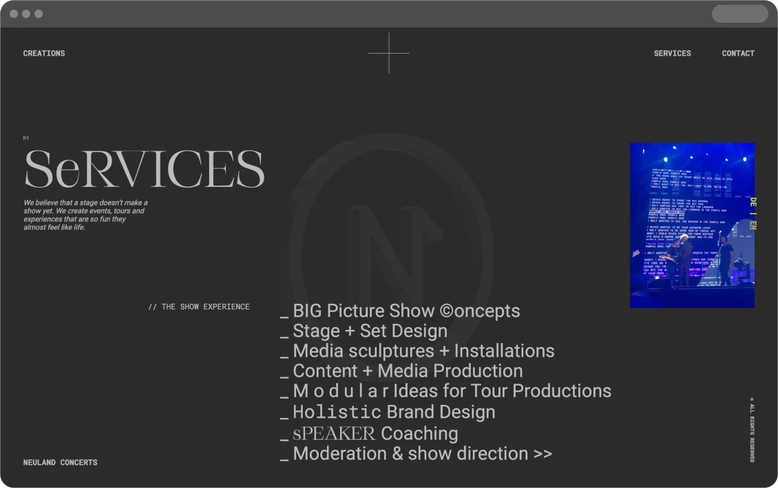 Neuland Creations services page listing show concepts, stage design and media production