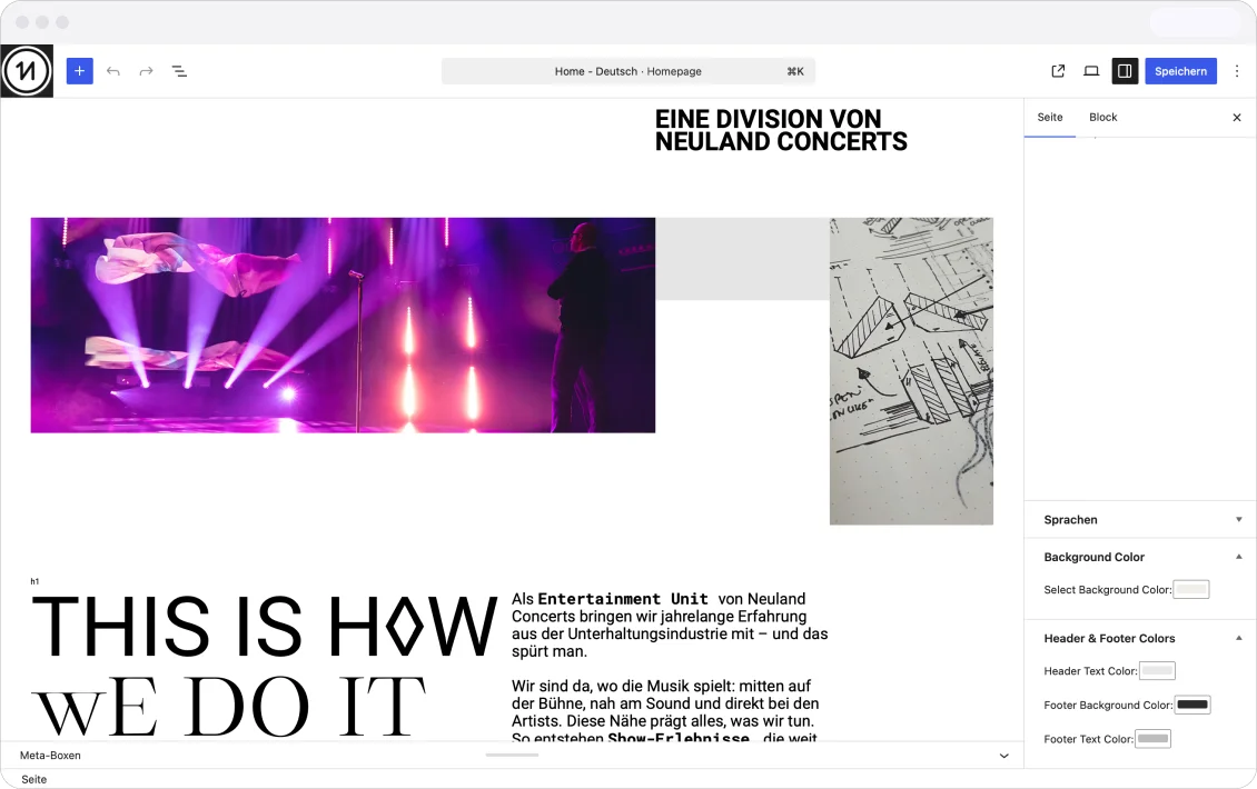 WordPress editor with the custom Neuland Creations template and its design controls