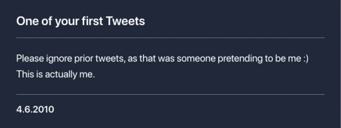 Twitter Insight card showing one of the analyzed account’s first tweets
