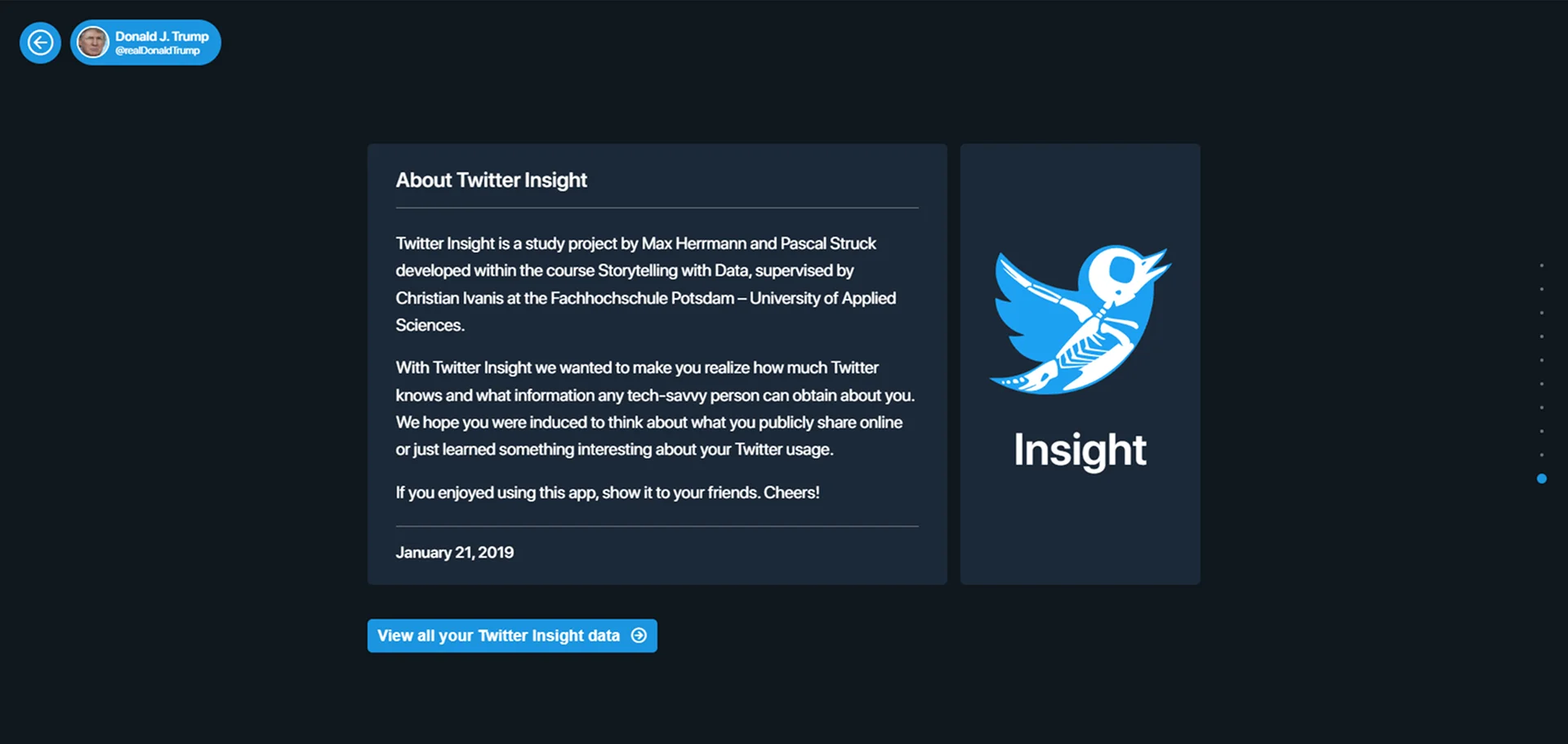 Twitter Insight end screen explaining the project